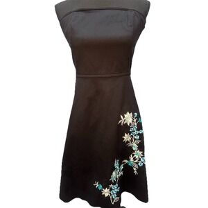 Amanda Smith Strapless Dress Women's Size 10 Black Embroidered Flowers Goth Y2K